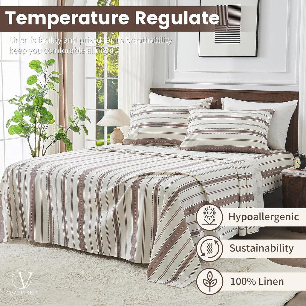 100% Linen Sheets Queen Size,Breathable & Durable 4-Piece Bed Flax Stripes Sheet Set,Soft All-Season Bedding for Hot Sleepers 16' Deep Pocket Oeko-TEX Certified,（Queen, Brown Stripes）