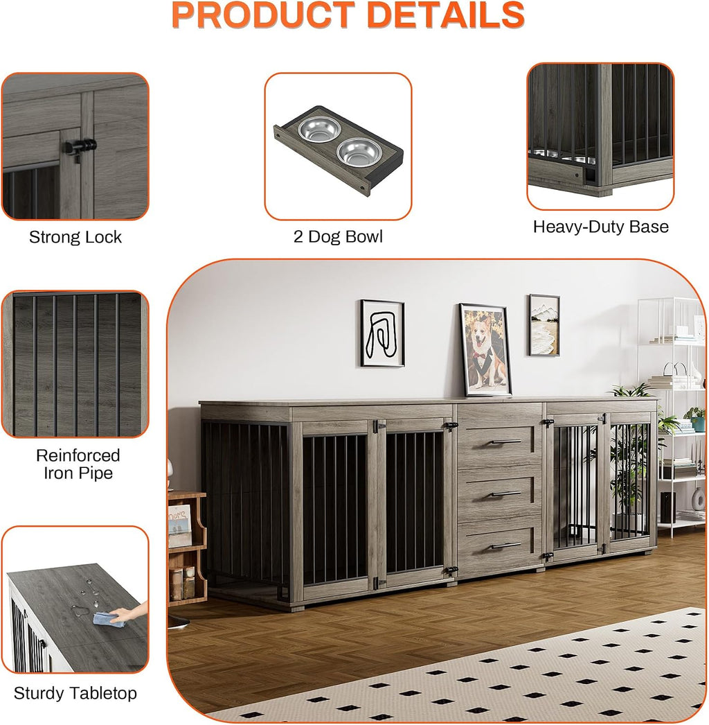 Rophefx 94.5' Dog Crate Furniture for 2 Dogs, Large Dog Kennel Furniture with 3 Storage Drawer, Wooden Dog Cage with 4 Bowls, Indoor Dog House TV Stand with Locks for Large Medium Dog, Grey