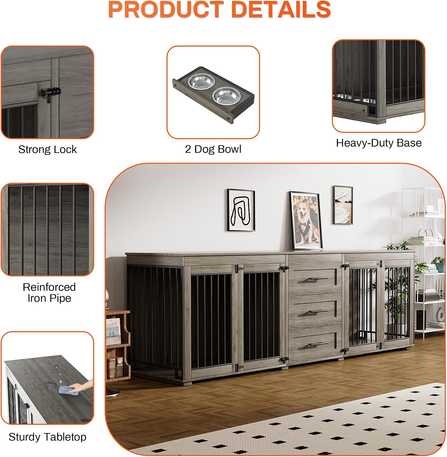 Rophefx 94.5' Dog Crate Furniture for 2 Dogs, Large Dog Kennel Furniture with 3 Storage Drawer, Wooden Dog Cage with 4 Bowls, Indoor Dog House TV Stand with Locks for Large Medium Dog, Grey