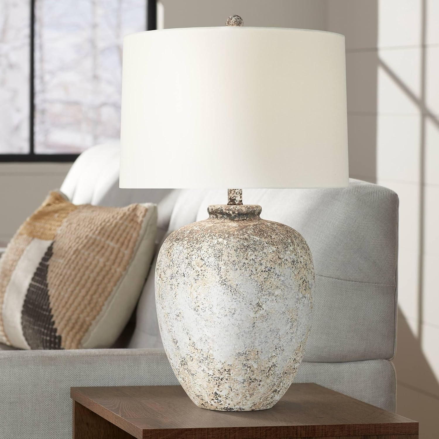360 Lighting Astaire 27' Tall Urn Jar Farmhouse Rustic Table Lamp Weathered Vintage Finish Single Linen White Shade Living Room Bedroom Bedside Nightstand House Office Home Reading Kitchen