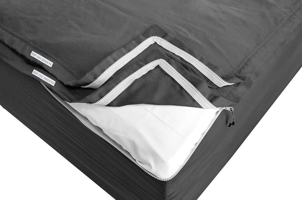 Zip On Sheets™ Zipper Fitted Sheet Queen Size - Upto 16' Inch Deep Pockets - Includes 1 Fitted Sheet Base & 2 Zip-On Sheets - Easy to Use, Sateen Cotton 500 TC Fitted Sheet - Dark Grey