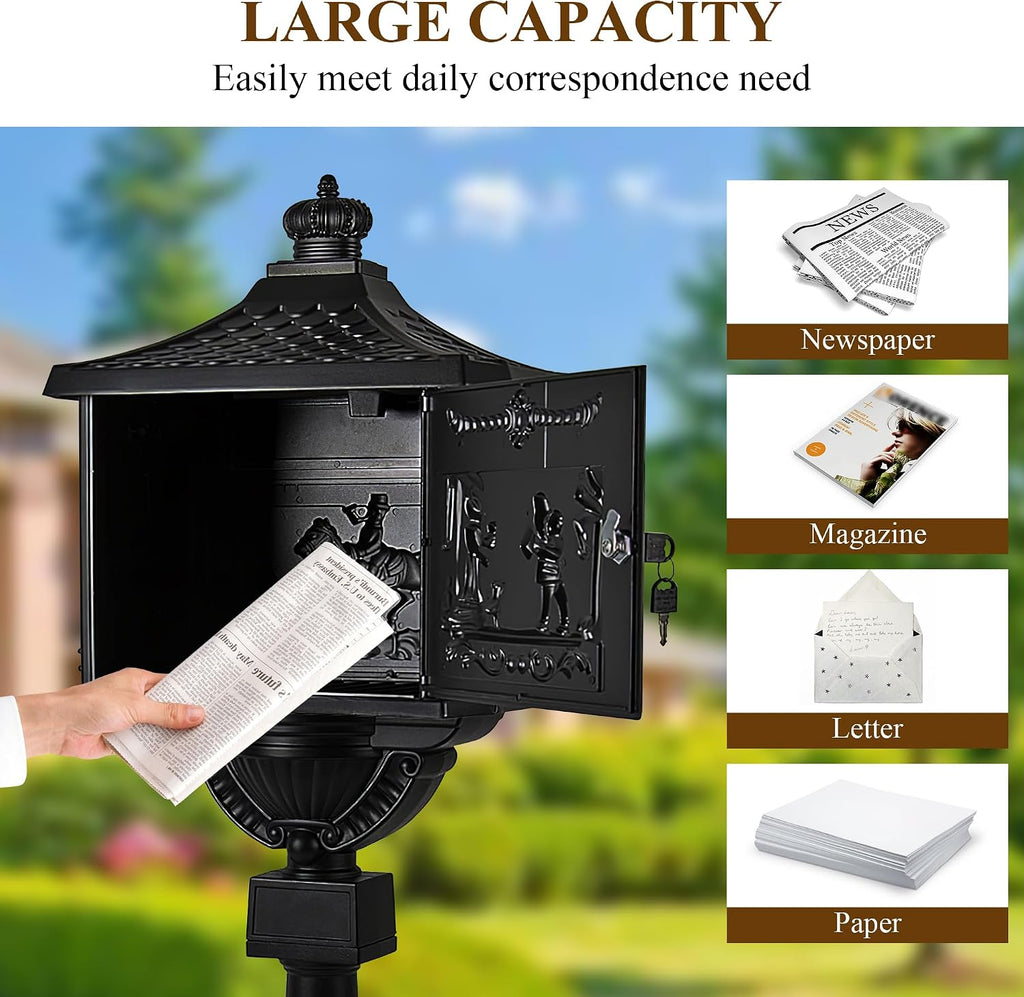 Mailbox, Heavy Duty Cast Aluminum Postal Box, Mail Box with 2 Keys for Courtyard Villa Decoration - Black
