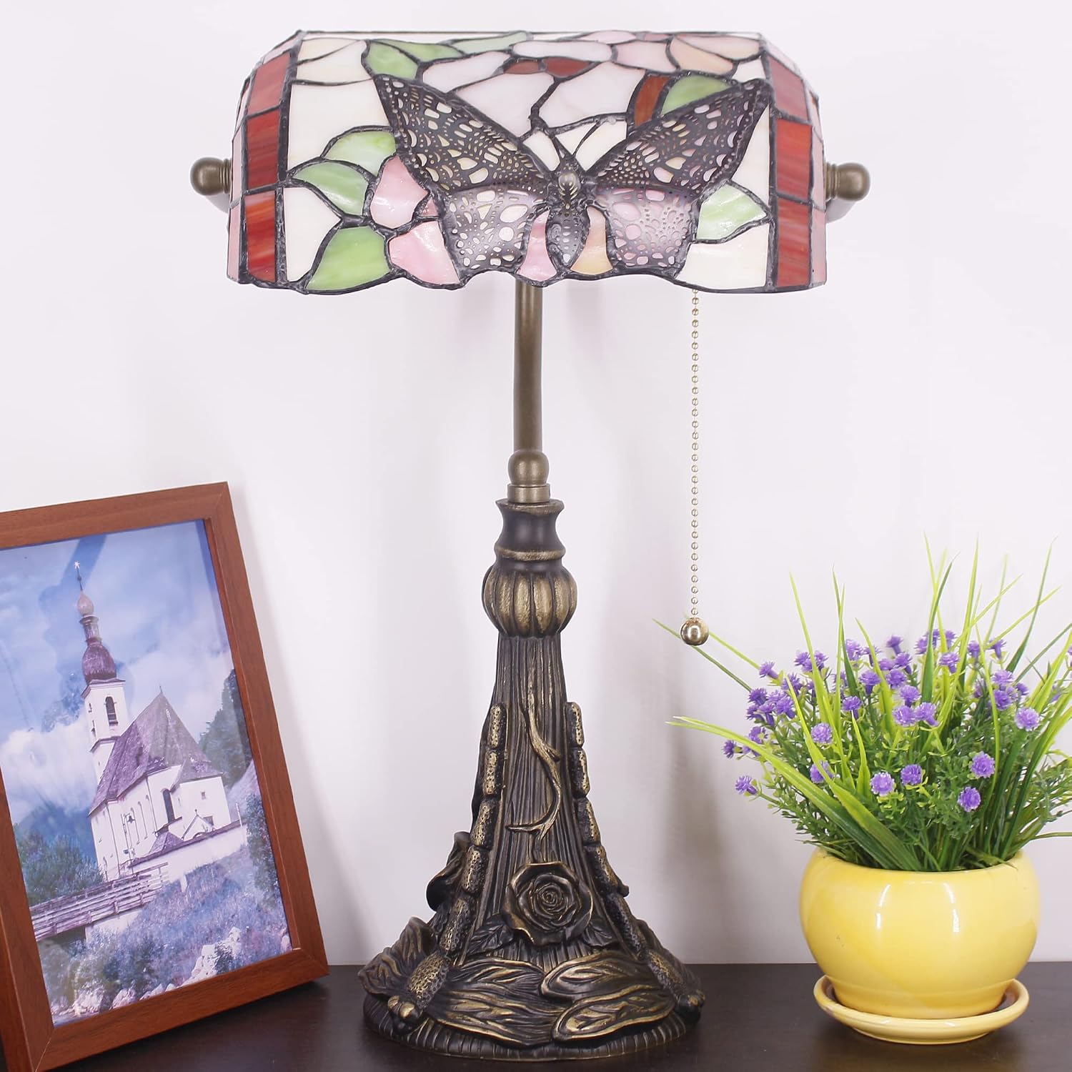 Tiffany Banker Lamp Small Stained Glass Table Lamp Tiffany Style Piano Light Desk Lamp Angle Adjustable 10.6X15.7 Inch for Home Office Living Room Bedroom (Butterfly in Flower Style)
