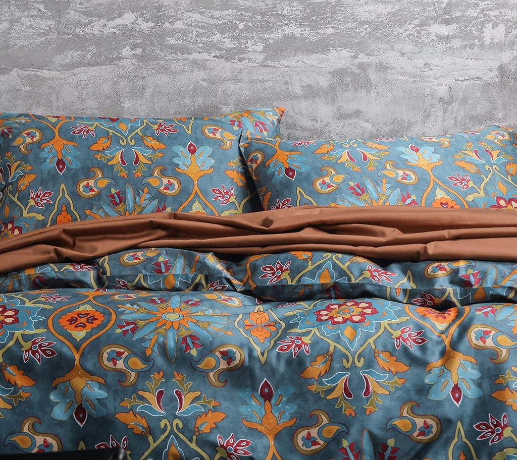 Eikei Damask Medallion Duvet Cover Set, Egyptian Cotton Sateen, 400 Thread Count, Bohemian Pattern (King)