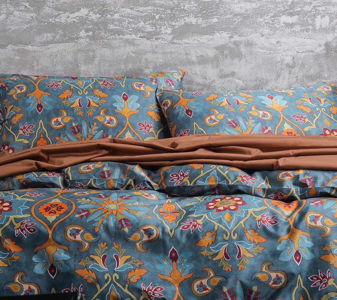 Eikei Damask Medallion Duvet Cover Set, Egyptian Cotton Sateen, 400 Thread Count, Bohemian Pattern (King)