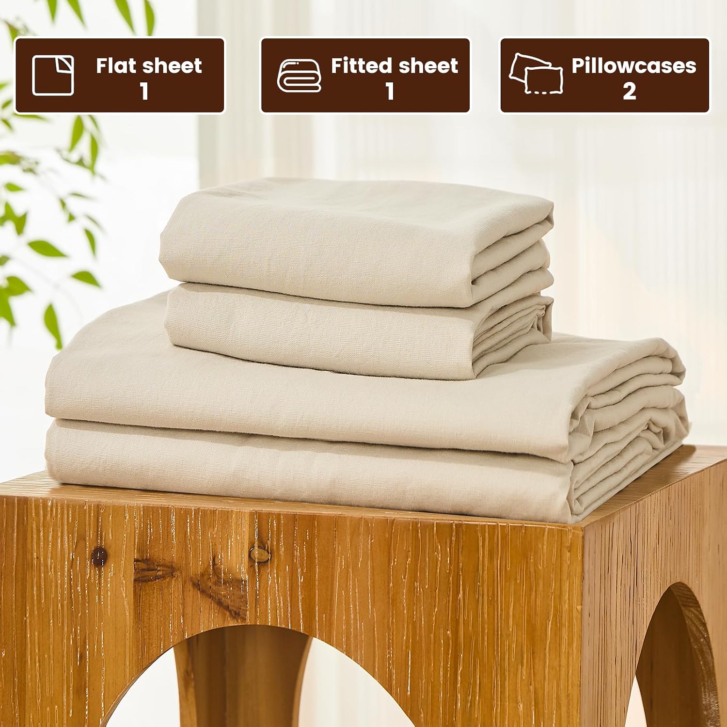 Bedlifes 100% French Pure Linen Sheets King Size Breathable and Cooling Flax Sheet Set Soft Durable and Moisture Wicking 16 Inch Deep Pocket-4 Piece(King,Linen)