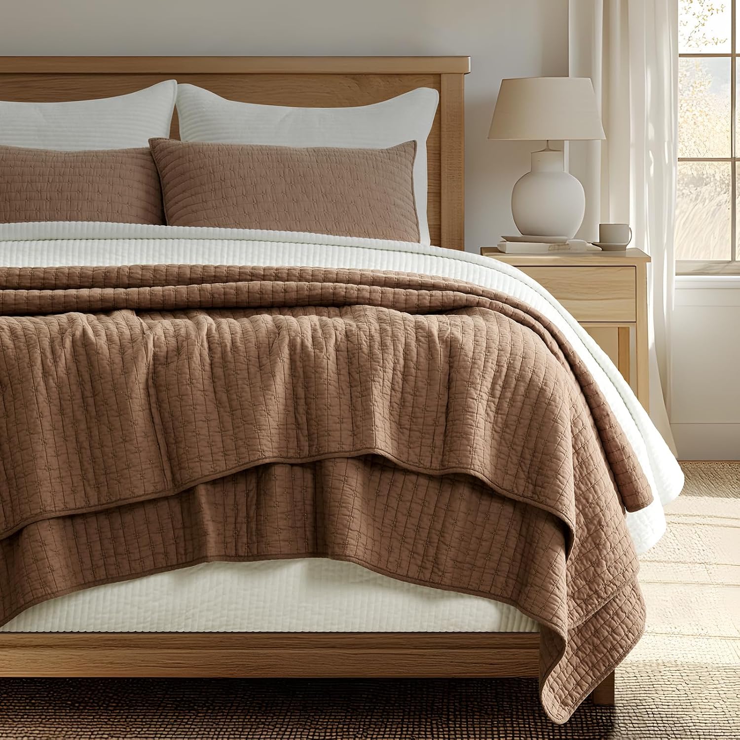 EVERGRACE Cross Stitch Pre-Washed Cotton Quilt Bedding Set Queen Size, Oversized 3 Pieces Lightweight Bedspread Coverlet for All Season, with 2 Matching Shams, Camel Brown, 92'x96'