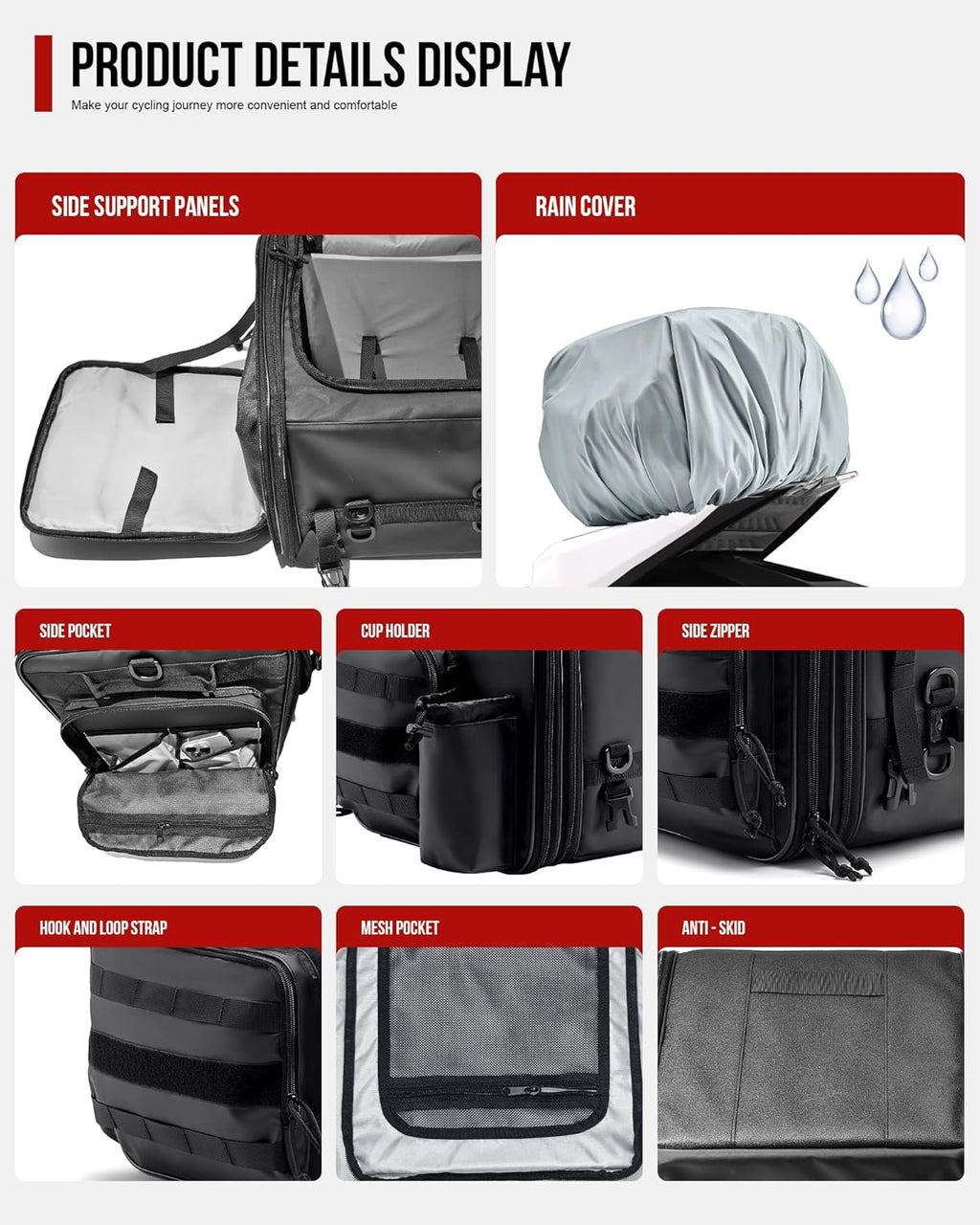 RIDEIRON Motorcycle Tail Bag, Expandable Motorcycle Travel Luggage Bags 40L-60L, Waterproof Rear Rack Trunk with Rain Cover and Sissy Bar Straps