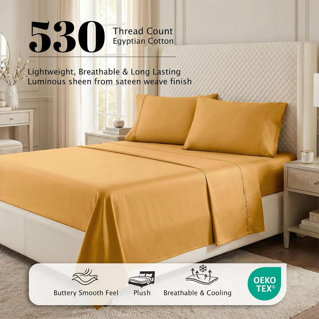 Superior Egyptian Cotton 530 Thread Count Bed Sheet Set, 1 Elastic Deep Pocket Fitted Sheet, 1 Flat Sheet, 2 Pillowcases, Soft Bedding, Luxury Sheets, Sateen Weave, Queen Size, Gold