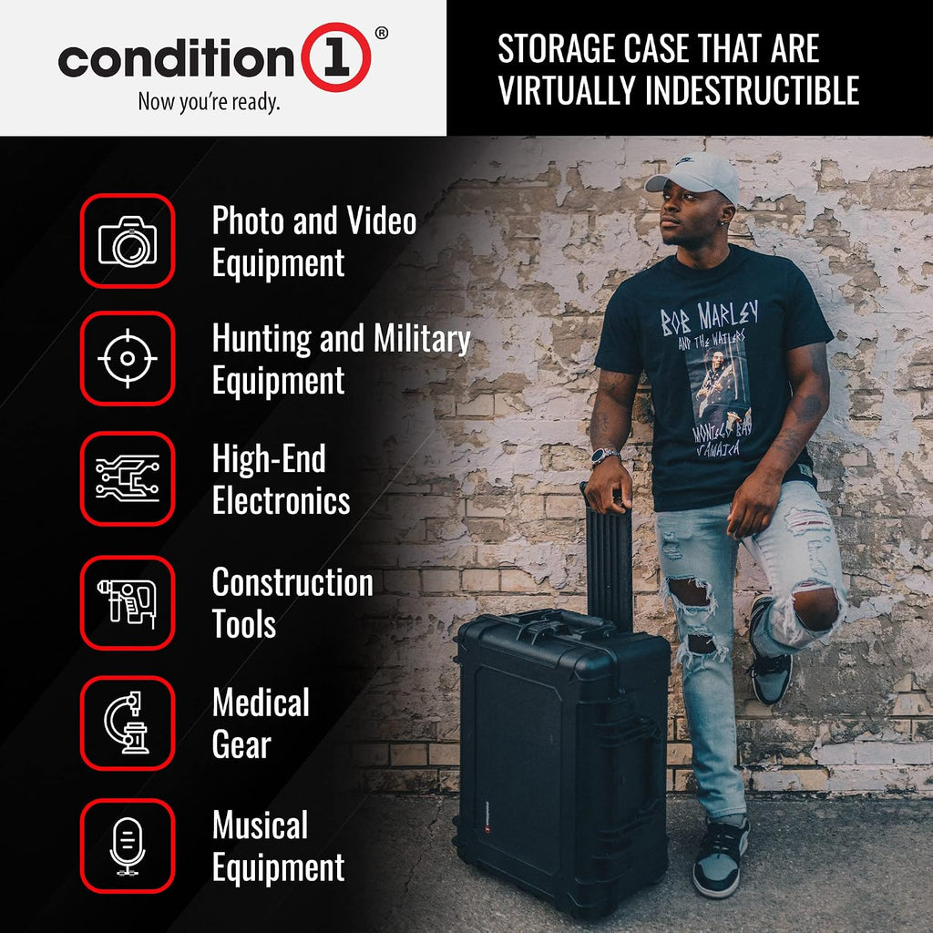 Condition 1 31' Large Waterproof Rolling Hard Travel Case Model 1258 with Wheels, Plastic Lockable, for Electronics, Tactical Gear, Made in USA, 31.6'x20.1'x12.66' Black