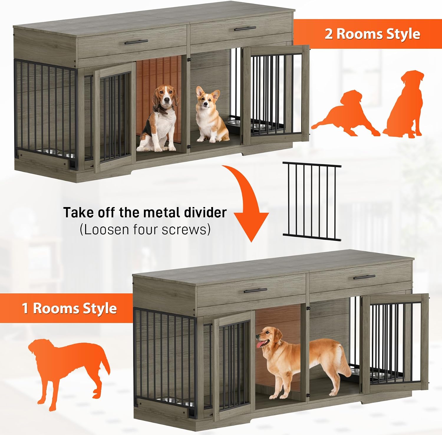 Rophefx 72' Dog Crate Furniture for 2 Dogs, Large Double Dog Kennel Indoor Furniture with 2 Storage Drawers and Removable Divider, Wooden Dog Cage with 4 Bowls, Dog House TV Stand for Medium Dog, Grey