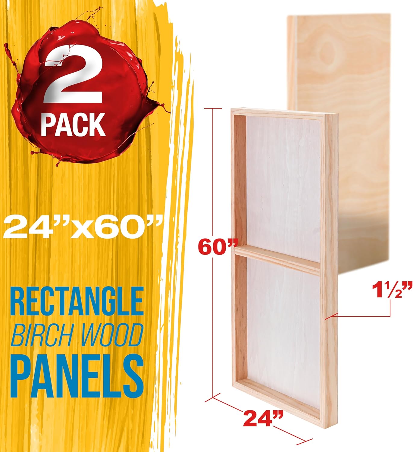 U.S. Art Supply 24' x 60' Unfinished Cradled Wood Panels for Painting, Gallery 1-1/2' Deep (2 Pack) - Artist Depth Wooden Wall Canvases - Mixed-Media Craft, Acrylic, Oil, Encaustic, Paint Pouring