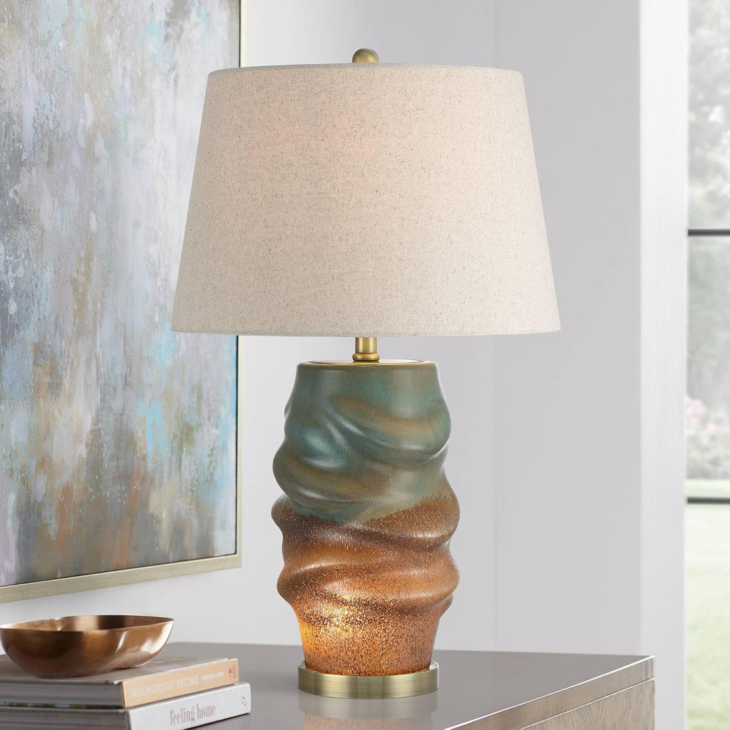 360 Lighting Sculptural Glow 25' High Rustic Coastal Table Lamp Night Light Blue Gold Finish Art Glass Single Fabric Off-White Shade Living Room Bedroom Bedside Nightstand House Office Home Reading