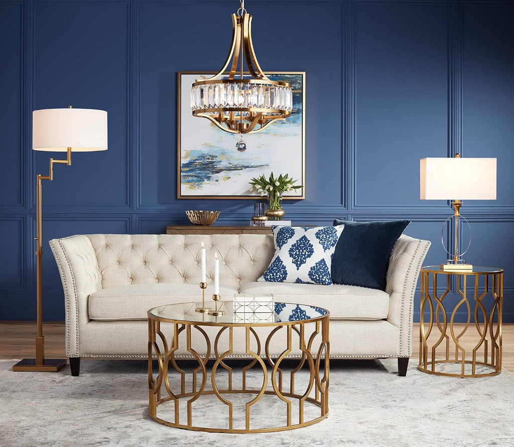Vienna Full Spectrum Rolland Traditional Table Lamp 30' Tall Antique Brass Glass Column Off White Tapered Drum Shade Decor for Living Room Bedroom House Bedside Nightstand Home Office Entryway