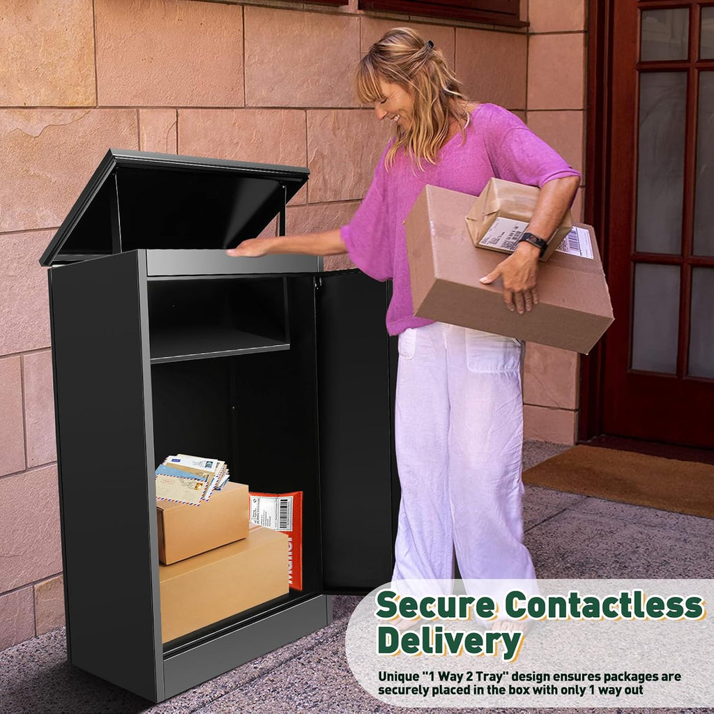 43.5' Package Delivery Box for Outside - Lockable Black Metal Parcel Drop Box, Anti-Theft, IPX4 Waterproof, Weather-Resistant Mailbox for Porch, Fence, Curbside (XL)