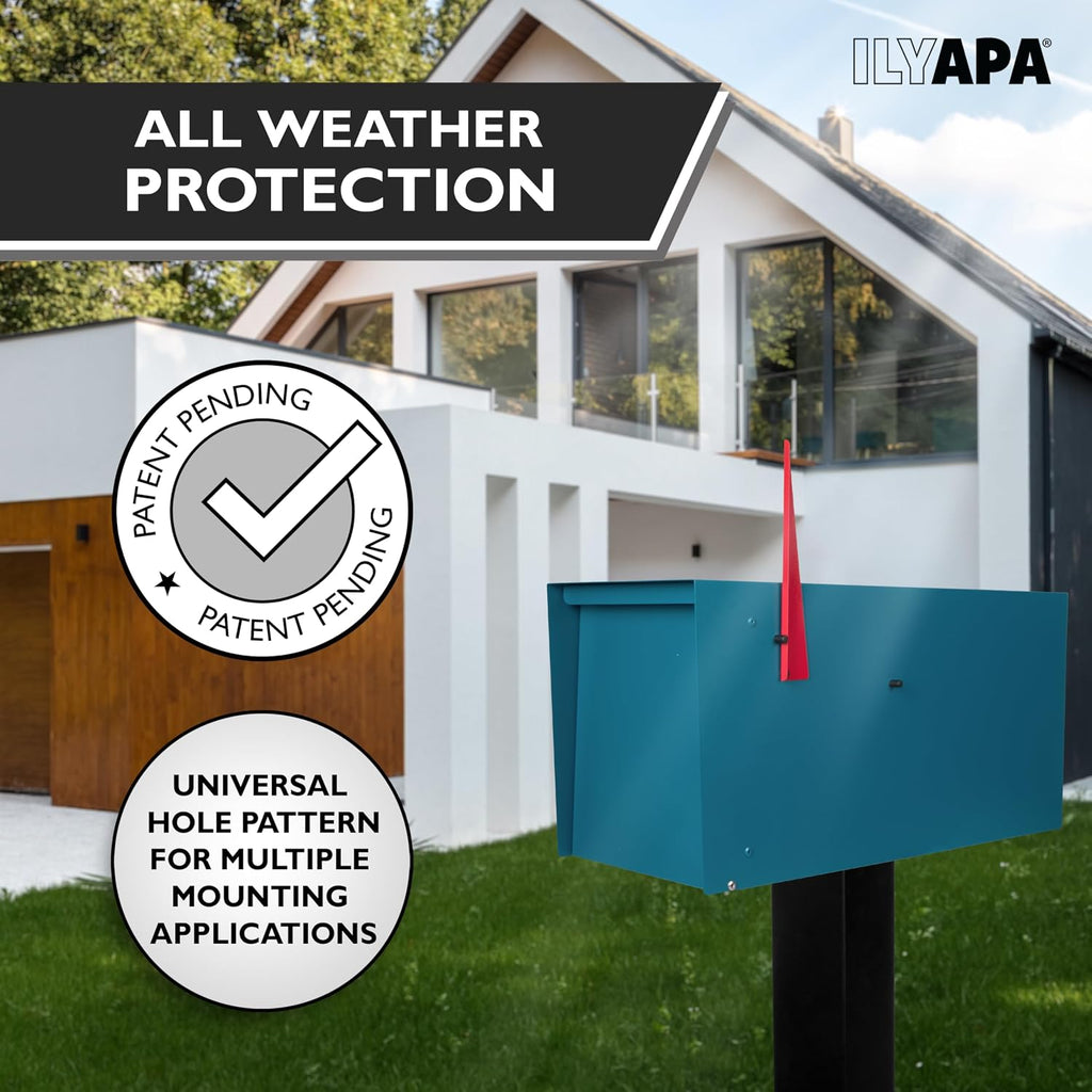 Ilyapa Modern Mailbox for Outside Post Mount - Blue Powder Coated Metal Mailbox, Waterproof Letter Box for Parcels, Recessed Magnetic Close Door