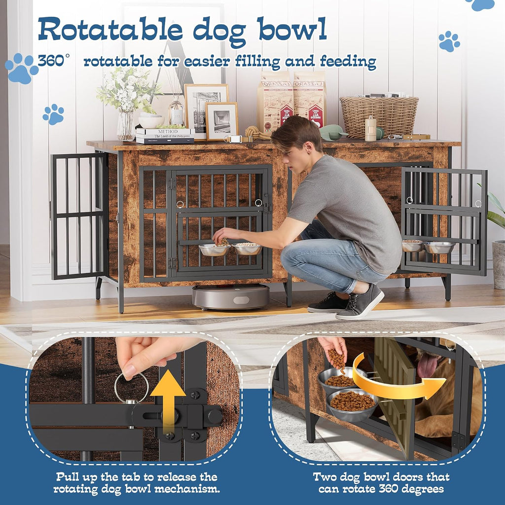 Grepatio 63' Double Dog Crate Furniture, Large Dog Kennel for 2 Dogs, Indoor Wooden Dog Crate with Rotating Feeder Bowls and 4 Doors, Heavy Duty Dog House TV Stand with Removable Divider