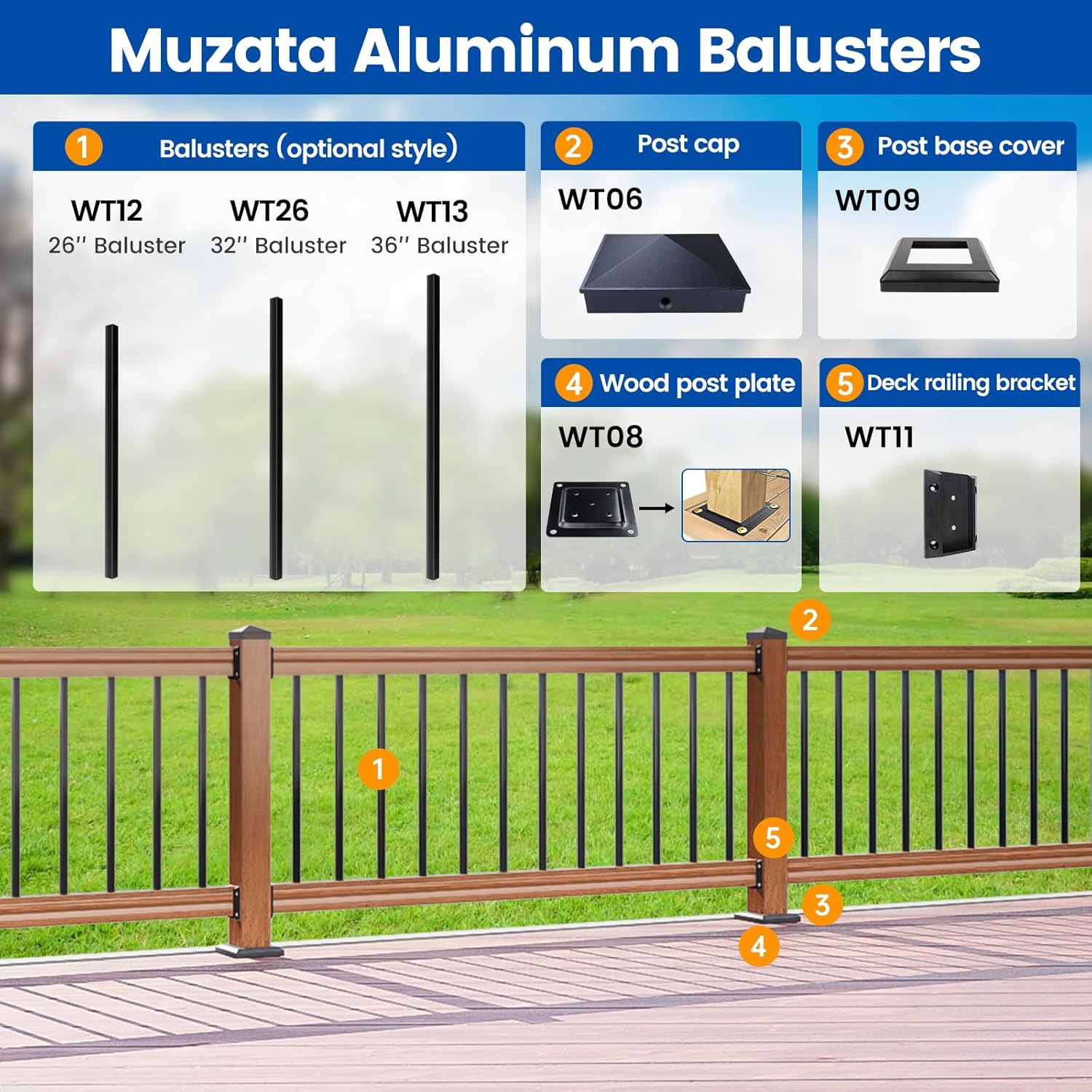 Muzata 4Pack Adjustable Post Base Brackets Deck Post Anchor Fit for Deck Railing Mailbox WT32 Bundle with 50Pack 32' Aluminum Deck Balusters Square Black for Wood and Composite Deck WT26