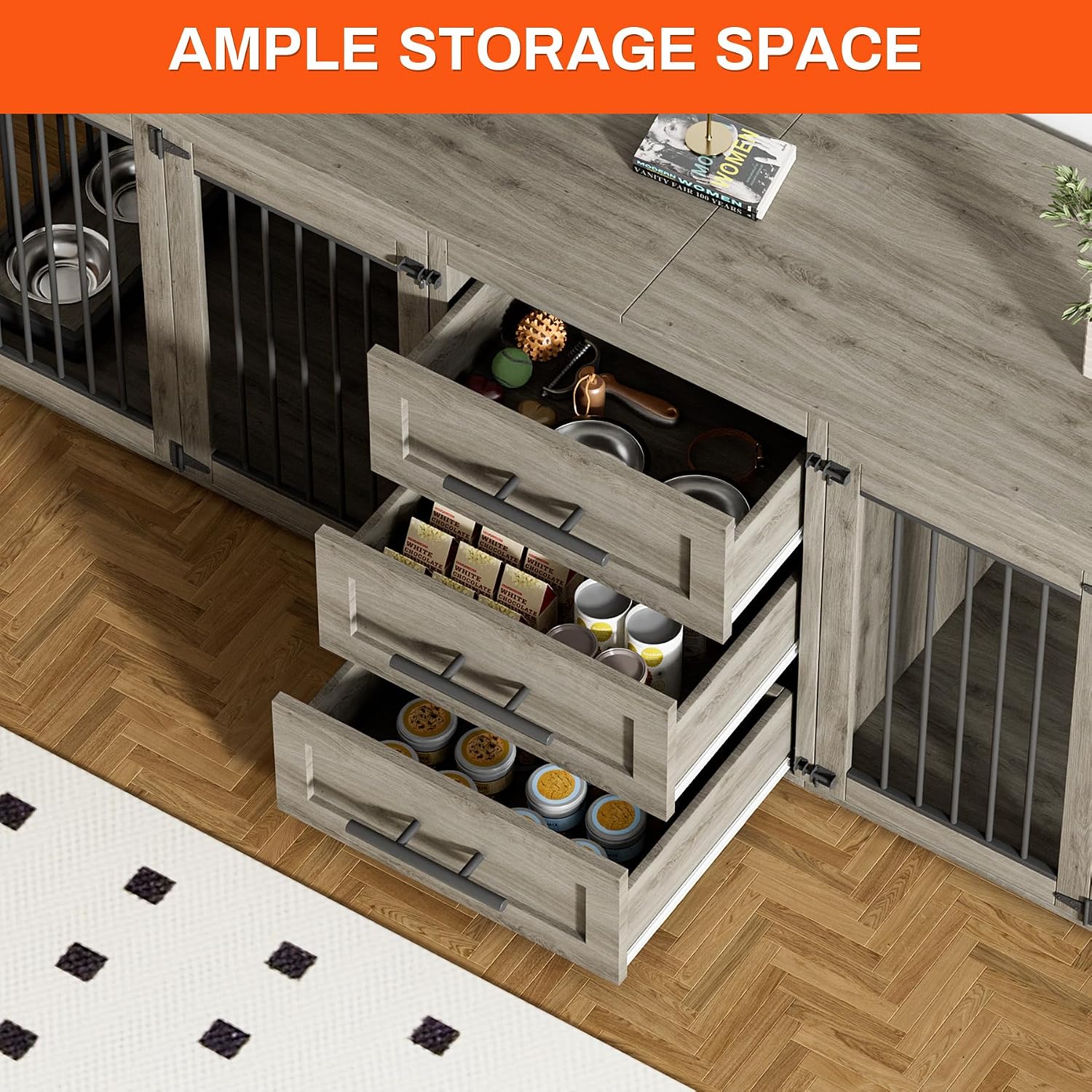 Rophefx 94.5' Dog Crate Furniture for 2 Dogs, Large Dog Kennel Furniture with 3 Storage Drawer, Wooden Dog Cage with 4 Bowls, Indoor Dog House TV Stand with Locks for Large Medium Dog, Grey