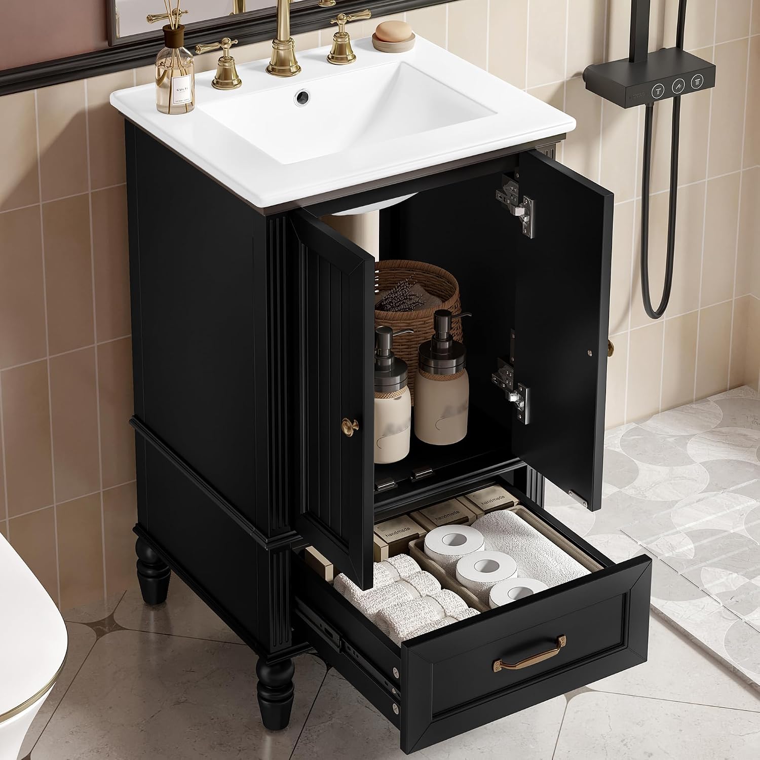 Linique 20-inch Bathroom Vanity with Ceramic Sink,1 Drawer & Cabinet Storage,Magnetic Door Stopper and Adiustable Foot Pads, Modern Freestanding,Black
