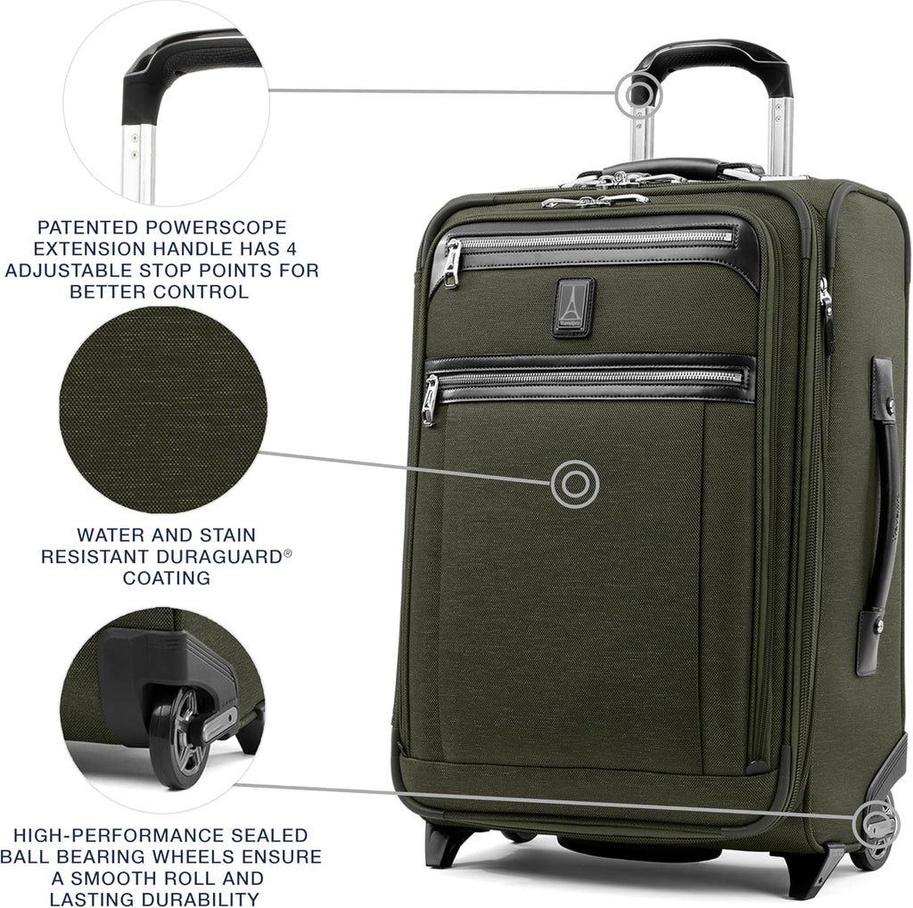 Travelpro Platinum Elite Softside Expandable Carry on Luggage, 2 Wheel Upright Suitcase, USB Port, Men and Women, Pilot Green, Carry On 22-Inch