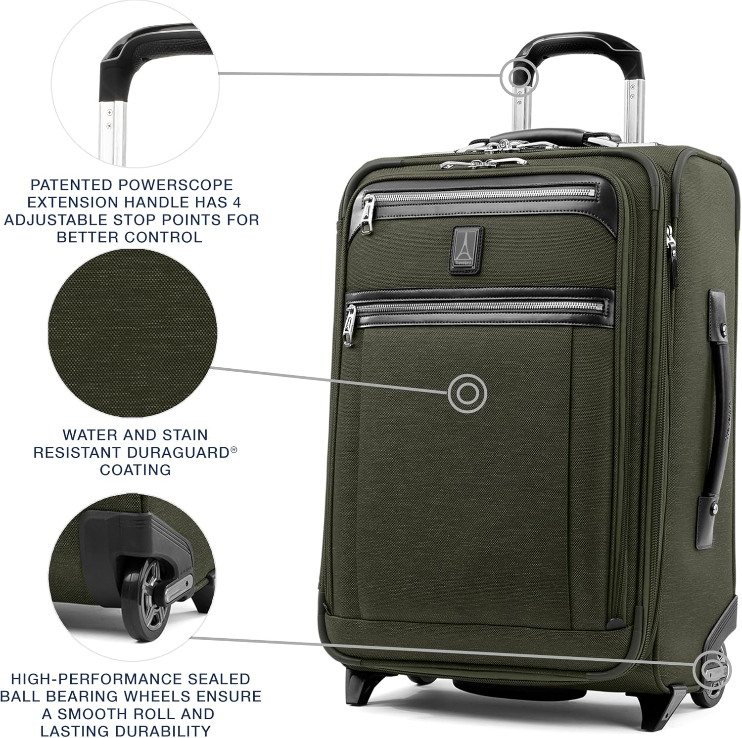Travelpro Platinum Elite Softside Expandable Carry on Luggage, 2 Wheel Upright Suitcase, USB Port, Men and Women, Pilot Green, Carry On 22-Inch