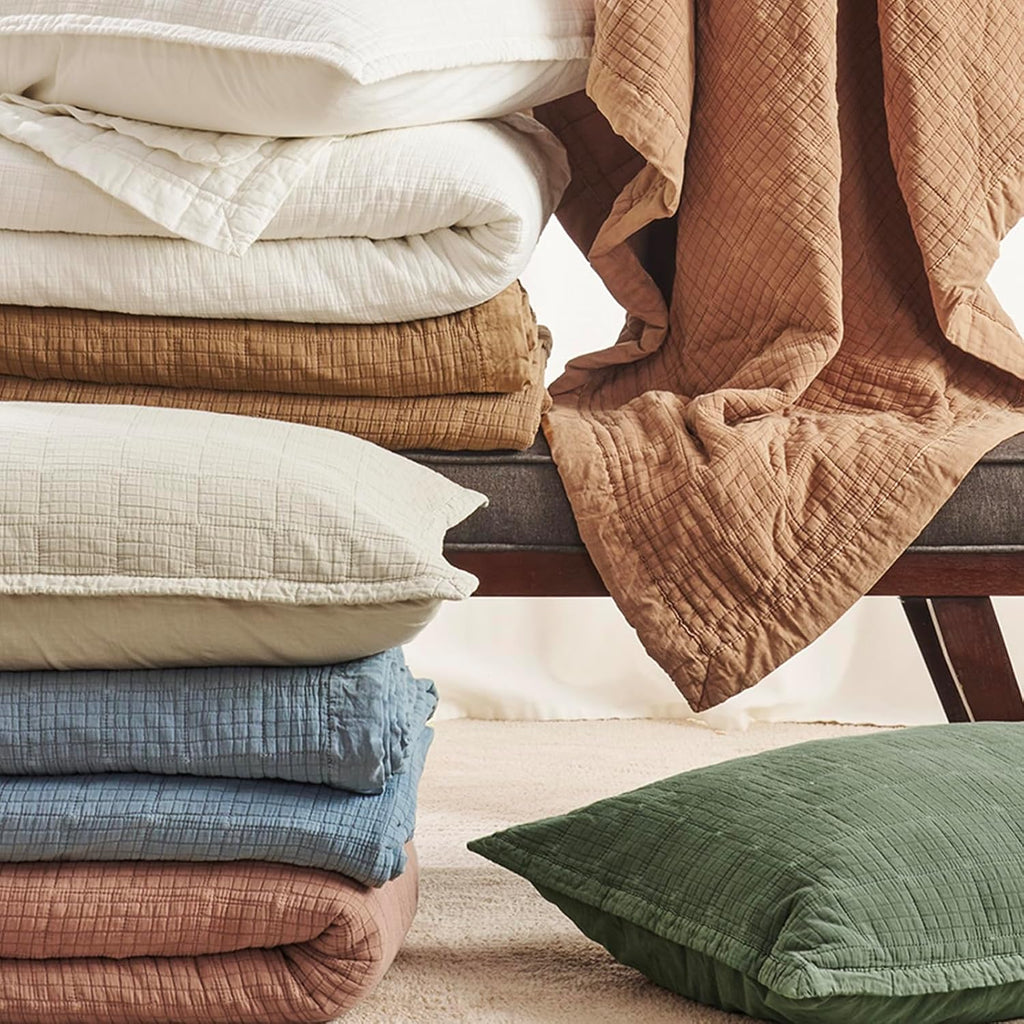 EVERGRACEHOME Stonewashed Cotton Quilt Set Full Queen Size, Ultra Soft Oversized Bedspread Coverlet Set, Lightweight Crinkle Box Stitch Bedding Sets for All Season, with 2 Shams, Terracotta Clay