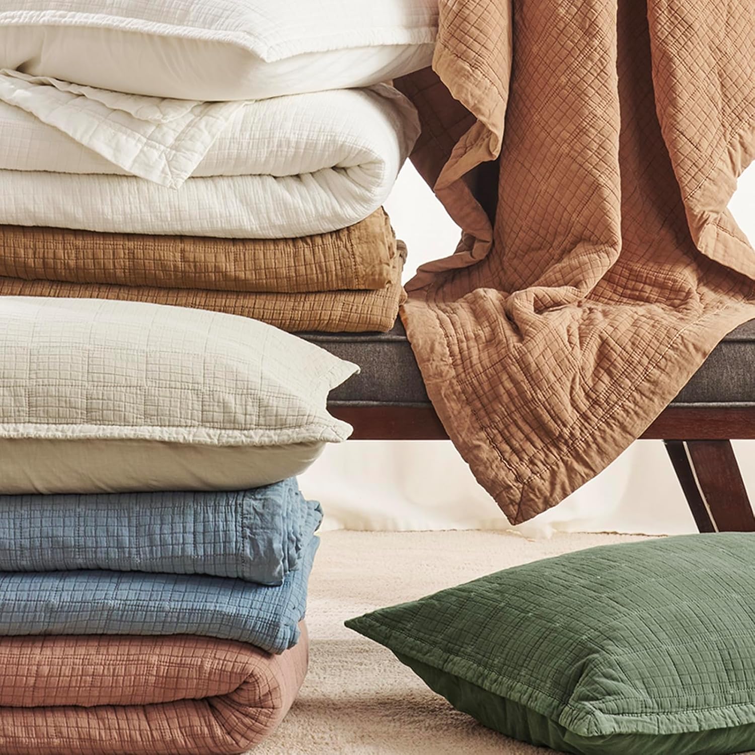 EVERGRACEHOME Stonewashed Cotton Quilt Set King Size, Ultra Soft Oversized Bedspread Coverlet Set, Lightweight Crinkle Box Stitch Bedding Sets for All Season, with 2 Shams, Terracotta Clay