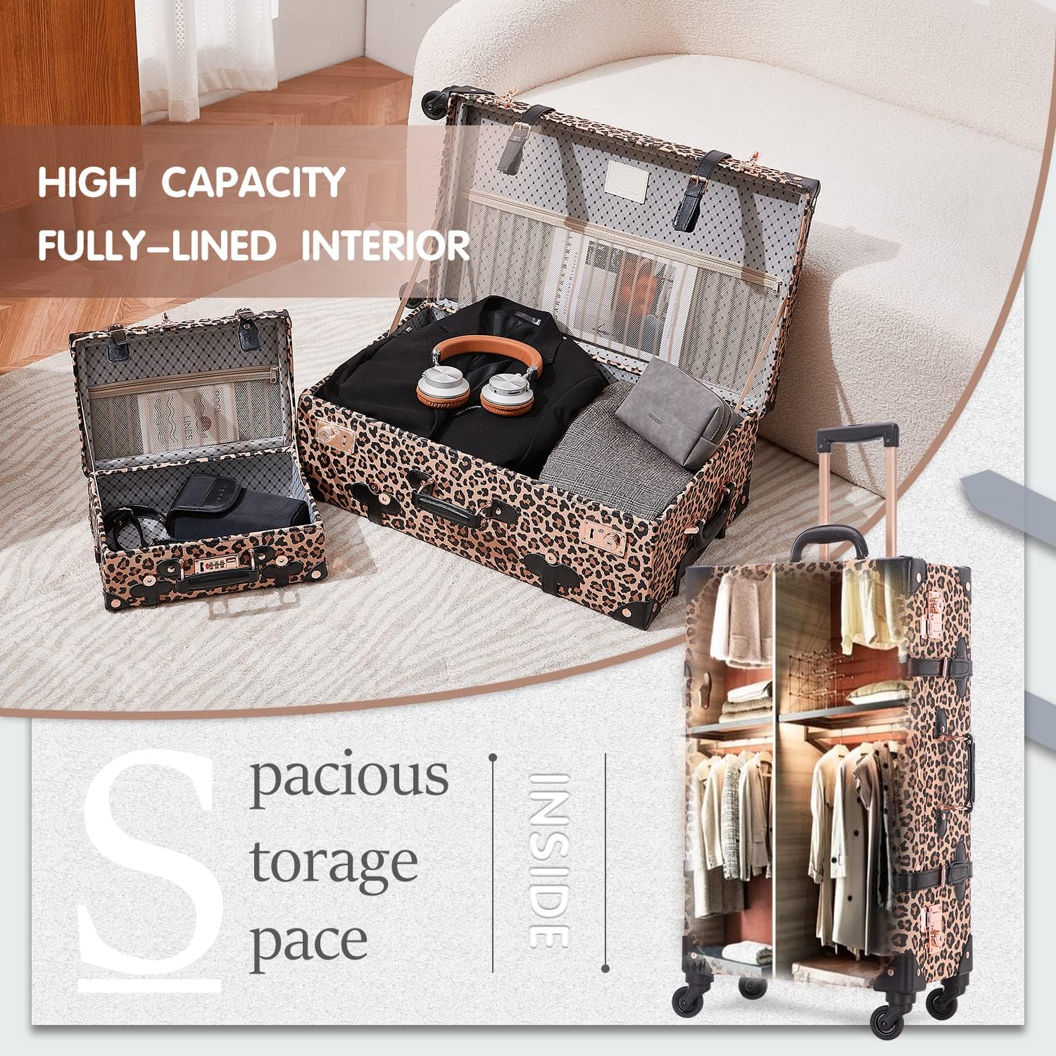 Unitravel 2 Piece Vintage Suitcase Set, 26' Women Cute Travel Luggage with 12' Handbag, Hardside Faux Leather Spinner Trunk with TSA Lock (Leopard)