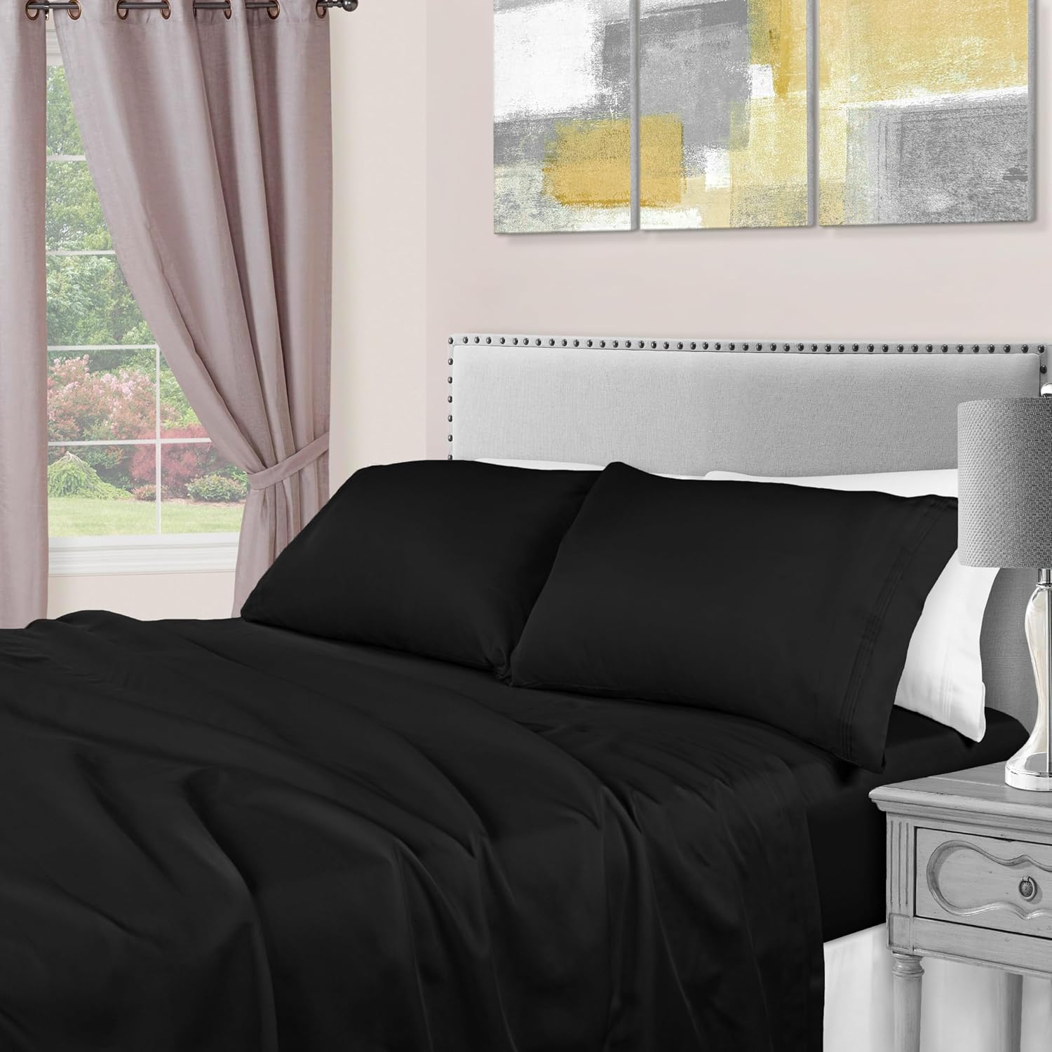 Superior Egyptian Cotton 4 Piece Sheet Set, Luxury 1500 Thread Count, Modern Design, Sustainable Sheets, Ultra-Soft Basics, Solid, Deep Pocket Fitted Sheet, Flat Sheet, Pillowcases, King, Black