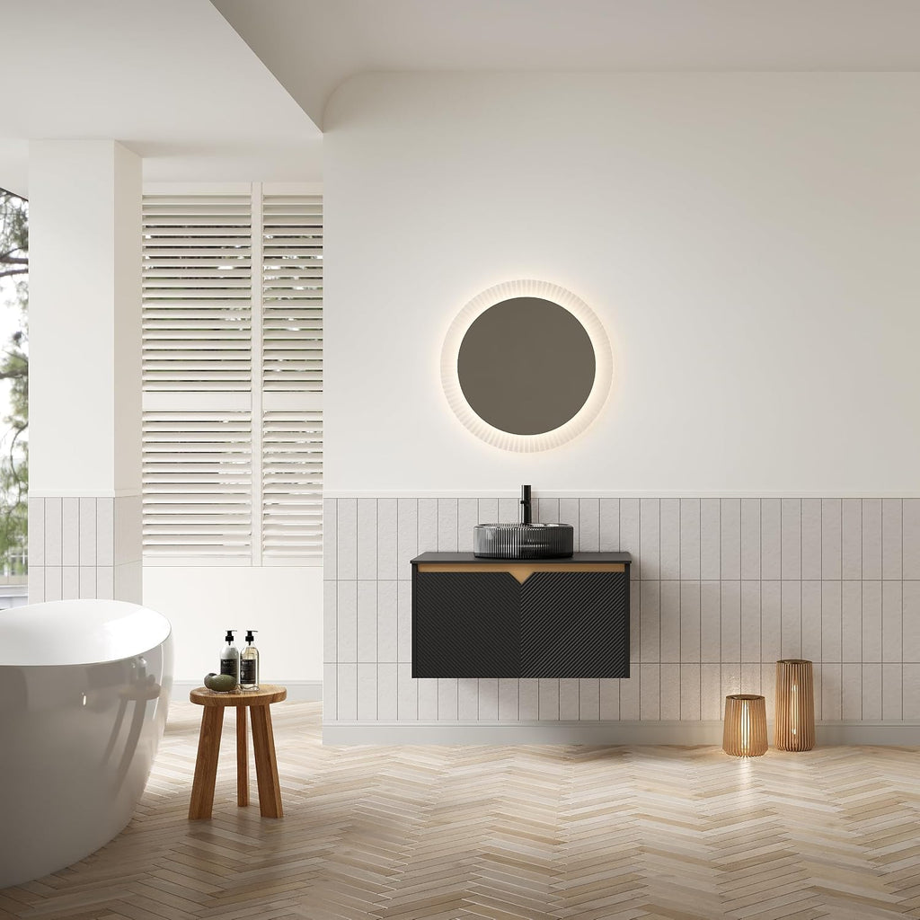 30 Inch Bathroom Vanity with Sink, Floating Fluted Vanity with Vessel Sink, Modern Bathroom Vanity Cabinet with 2 Doors with Metal Trim, Round Glass Sink & Sintered Stone Top, Black