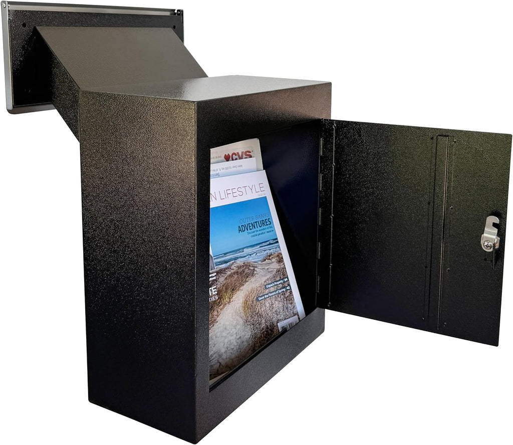 Through-the-Wall Drop Box with Rainproof Cover | Heavy Duty Through Wall Mailbox with 8.25-Inch Adjustable Chute | Rainproof Locking Drop Safe for Mail, Rent, Checks, Cash, and Keys, Black