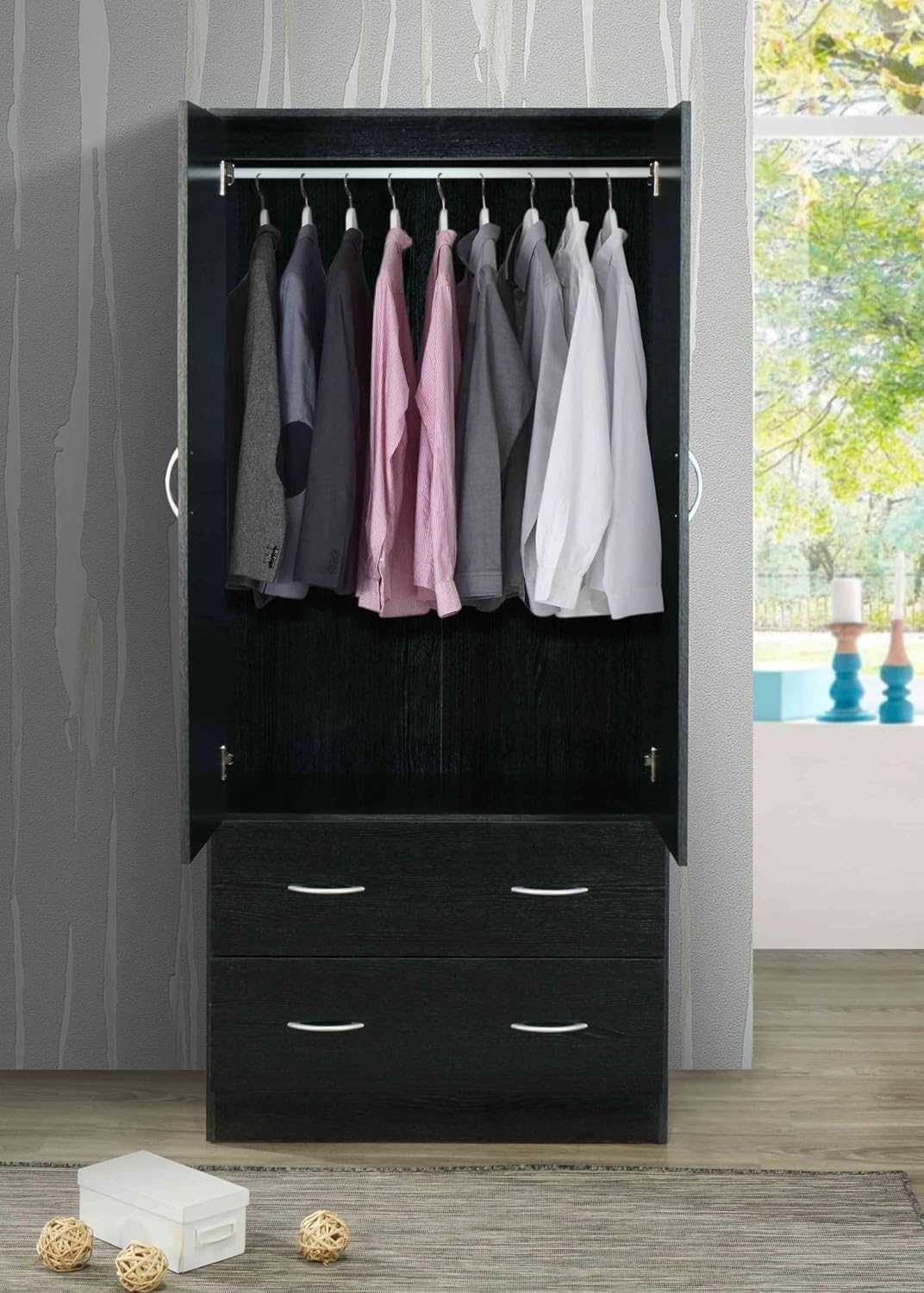 HODEDAH 2 Door Wood Wardrobe Bedroom Closet with Clothing Rod inside Cabinet, 2 Drawers for Storage and Mirror, Black
