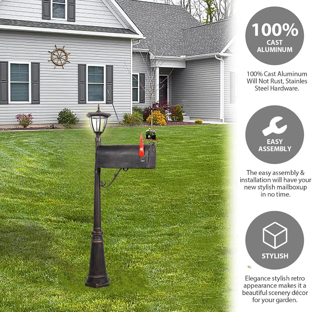 Mailbox with Post Lights,Mailbox/Post Light Combo for Outside,Stratford Heavy Duty Cast Aluminum Post Mount Mailboxes for Outside Decorative(2in1)