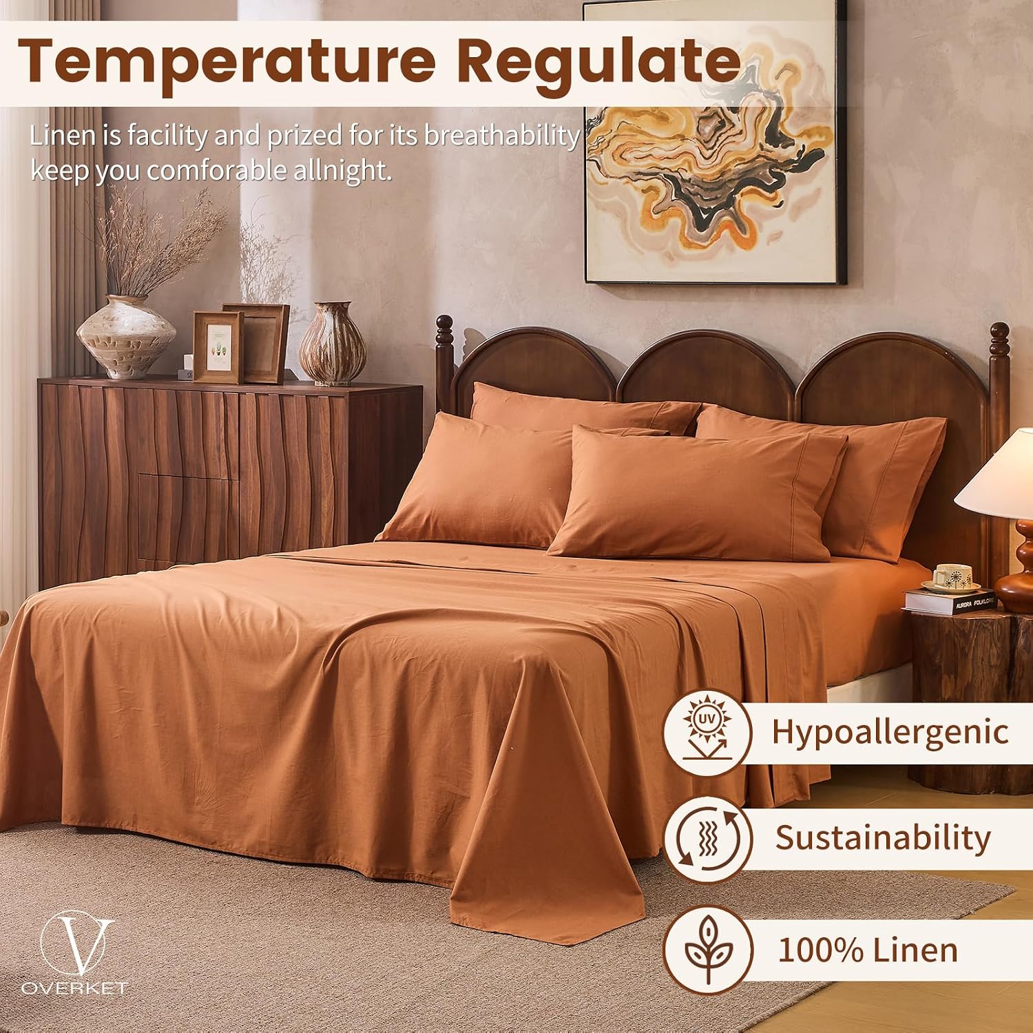 100% Linen Sheets Queen Size,Breathable & Durable 4-Piece Bed Flax Sheet Set,Soft All-Season Bedding for Hot Sleepers 16' Deep Pocket Oeko-TEX Certified,（Queen, Brown）