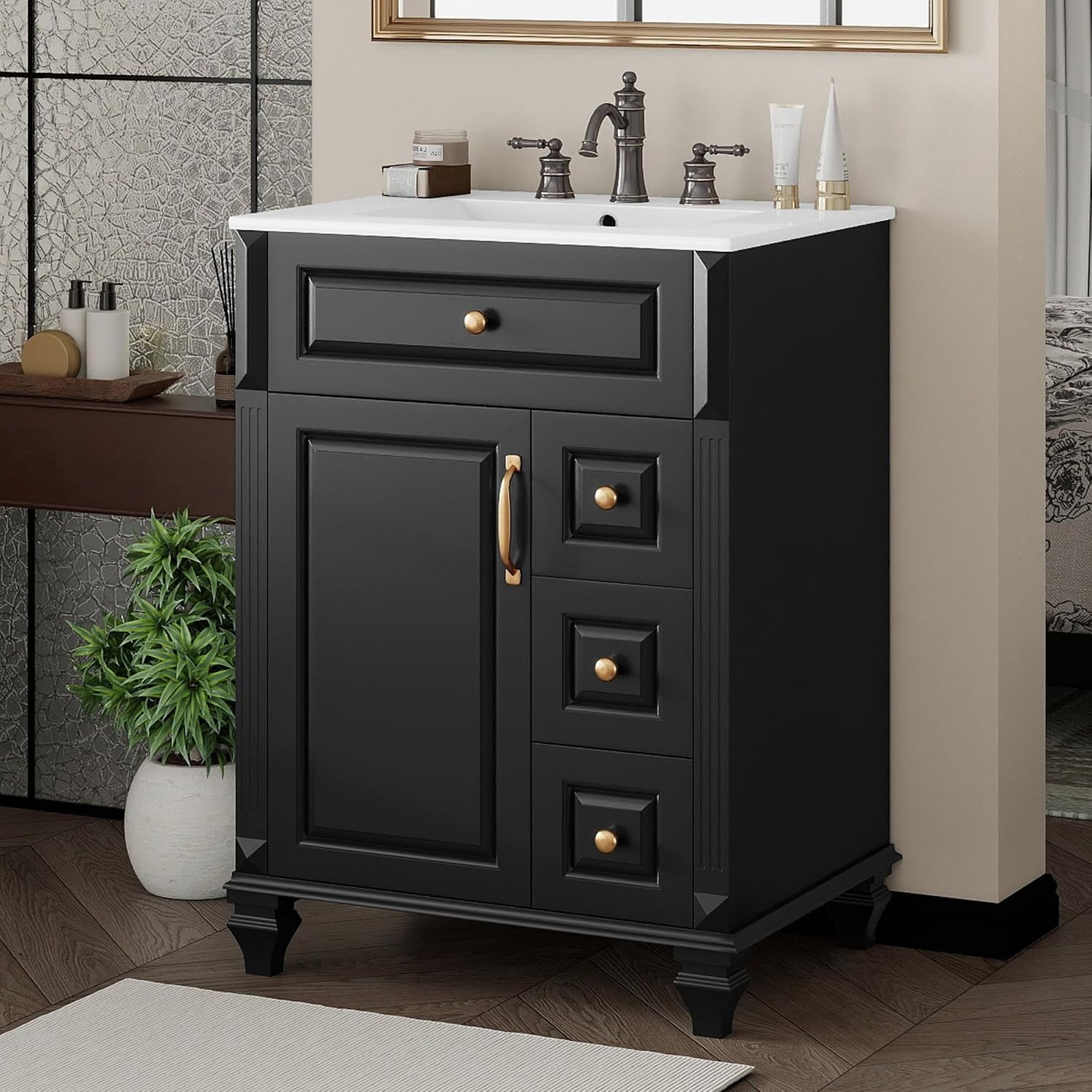 Harper & Bright Designs 24' Bathroom Vanity with Sink, Free Standing Vanity Set with Flip-Out Drawer, 3 Drawers & Storage Cabinet, Wood Bathroom Cabinet with Ceramic Basin for Bathroom, Black