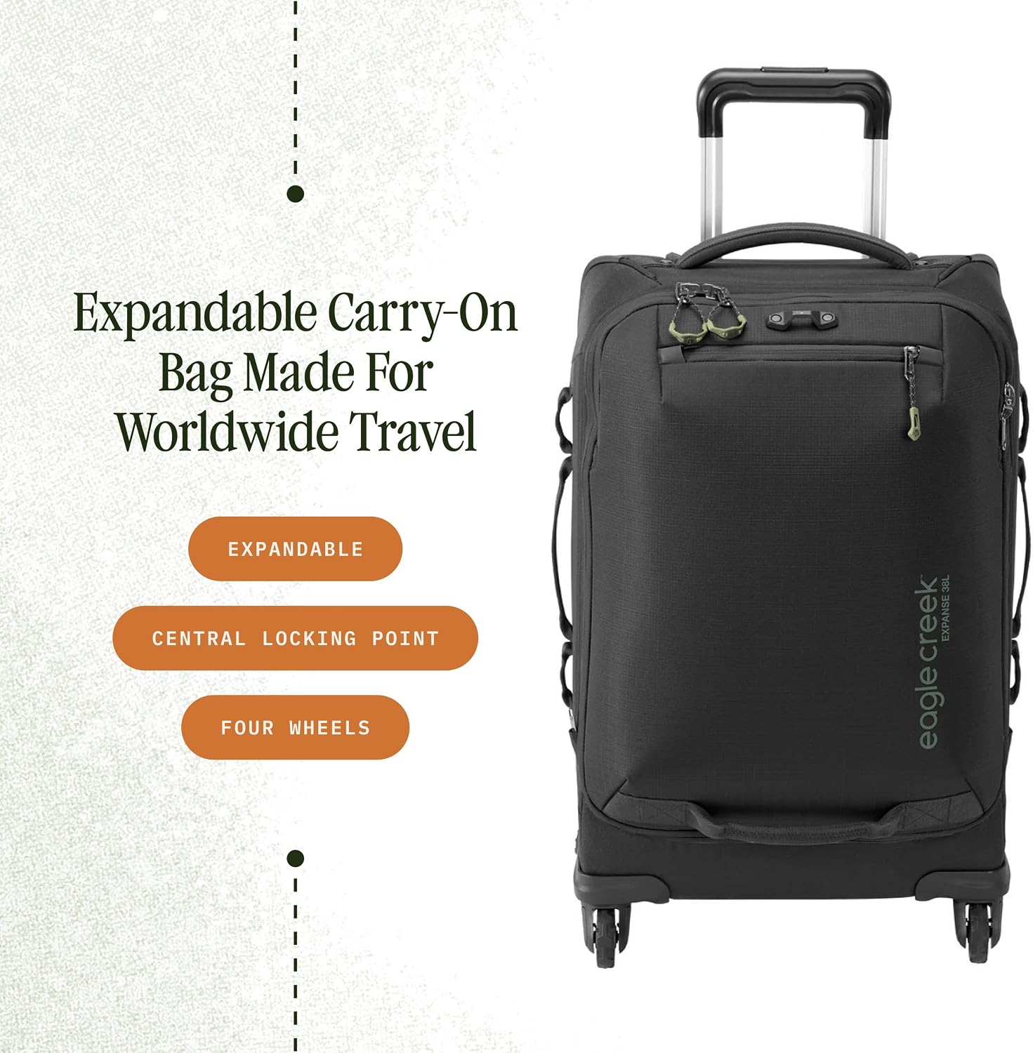 Eagle Creek Expanse 4-Wheel 22' Carry-On Luggage - Rolling Four-Wheel Carry-On Luggage for Easy Travel - Lockable Zippers - Expandable Main Compartment - Telescoping Handles - Midnight Black