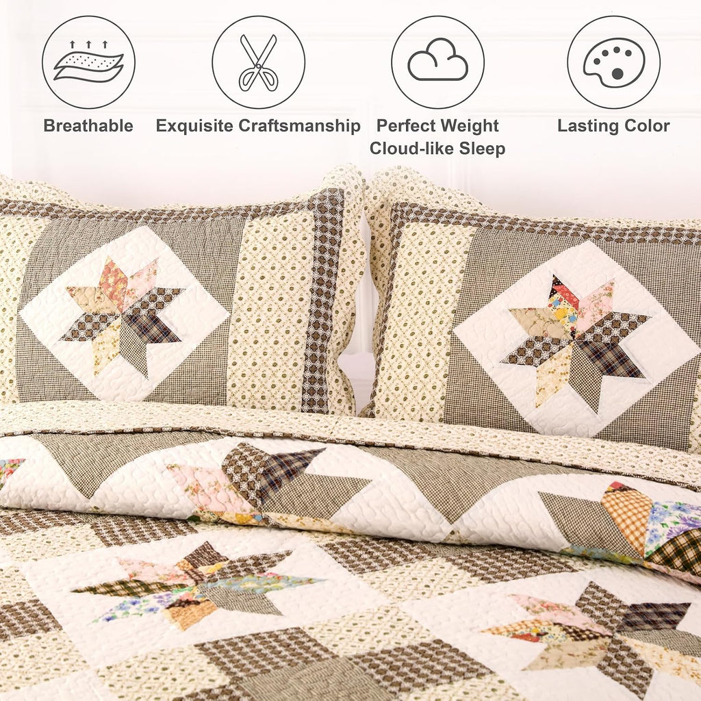 YAYIDAY Quilts Queen Size Patchwork Bedspread Set - 100% Cotton Reversible Breathable Brown Geometric Quilted Quilt with Pillow Shams for All Seasons