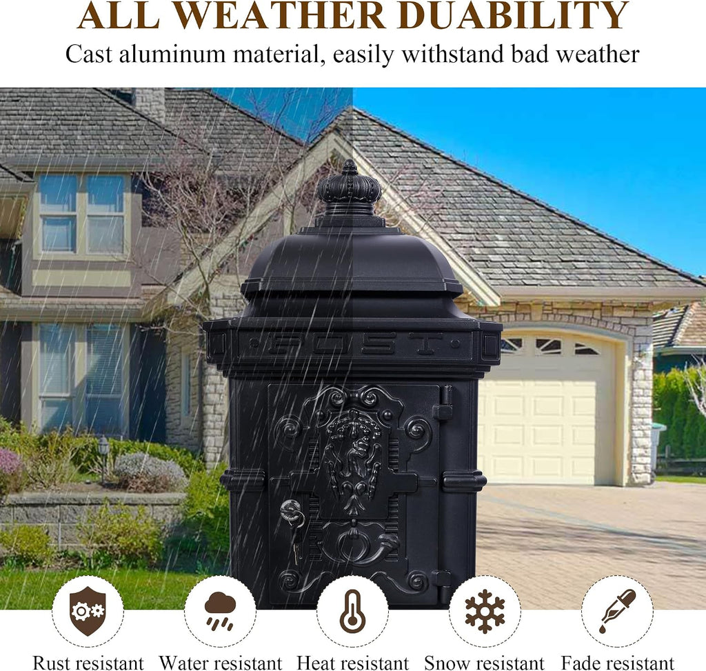 Vintage Large-Capacity Cast Aluminum Mailbox, Outdoor Weatherproof Floor Standing Postbox, Decorative Copper Finish Letter Box with Lock, Roman Column Design for Home Use (Black)