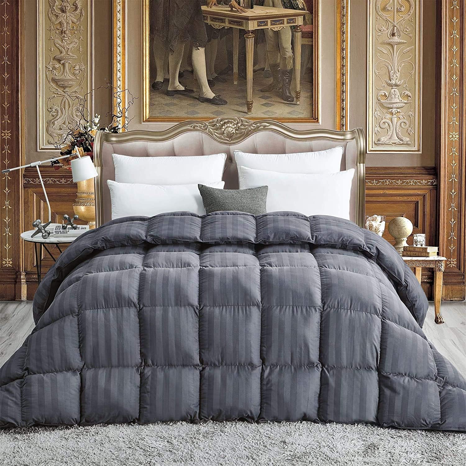Luxurious All-Season Goose Down Comforter Duvet Insert, Exquisite Gray Stripe Design, 1200 Thread Count 100% Egyptian Cotton Down Proof Fabric, 750+ Fill Power (Cal King)