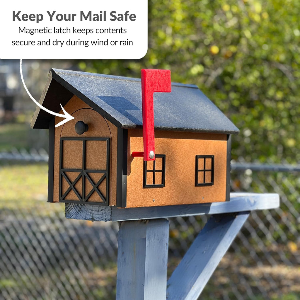 DutchCrafters Large Farmhouse Mailbox, Durable Plastic Barn Mailboxes for Outside, Post Mount Mail Box with Flag, Barnhouse Style - Amish Made in America (Black and Cedar)