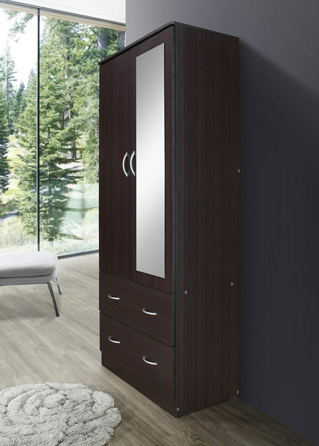 HODEDAH 2 Door Wood Wardrobe Bedroom Closet with Clothing Rod inside Cabinet, 2 Drawers for Storage and Mirror, Chocolate