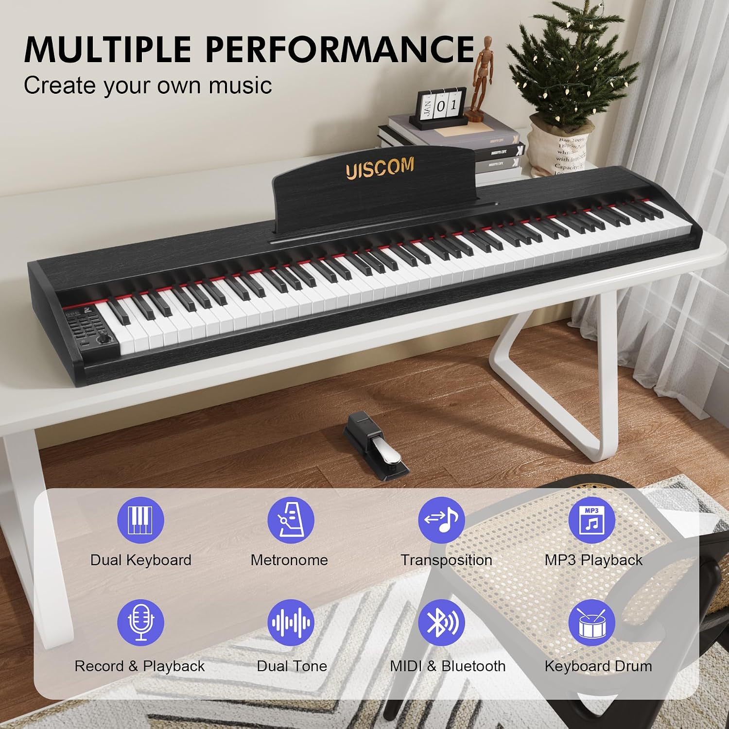 UISCOM 88 Key Digital Piano Keyboard for Beginners,Full Size Electric Piano Semi-Weighted Keyboard with Sheet Music Stand,Pedal,Headphone,Power Adapter,USB-MIDI Compatibility,Wood Grain Black