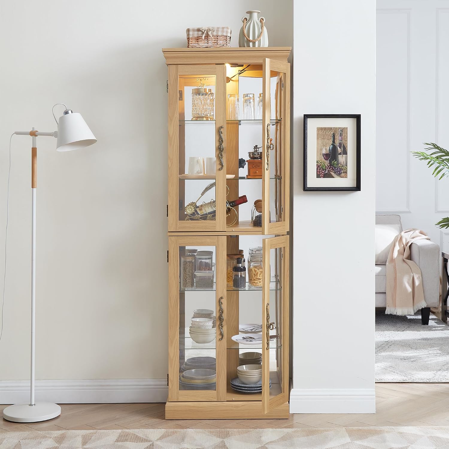 71' H Lighted Curio Cabinet Display Case, Glass Curio Cabinets with Adjustable Shelves and Tempered Glass Door, Wooden Cabinet w/Mirrored Back Pane for Living Room (Light Oak)