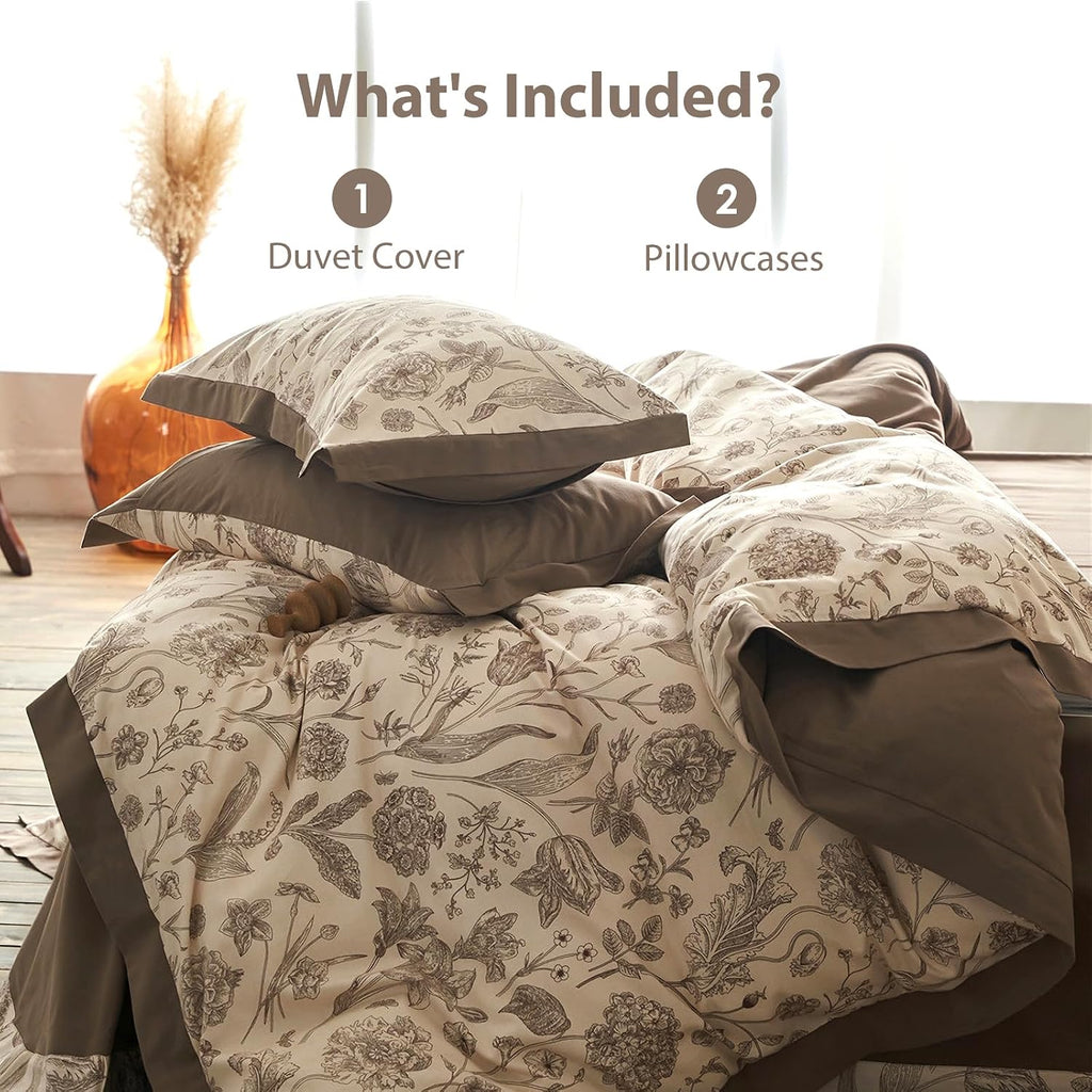 100% Cotton Botanical Duvet Cover Queen Size, Reversible Floral Bedding Set, Soft Breathable Brushed Cotton Vintage Cottagecore Neutral Duvet Cover with Zipper, All Season (Brown, 90'x90')