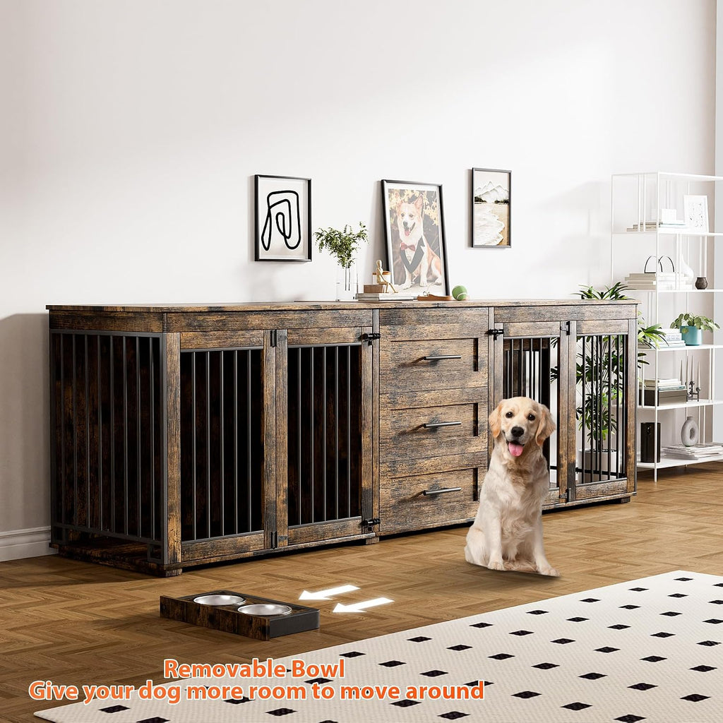 Rophefx 94.5' Dog Crate Furniture for 2 Dogs, Large Dog Kennel Furniture with 3 Storage Drawer, Wooden Dog Cage with 4 Bowls, Indoor Dog House TV Stand with Locks for Large Medium Dog, Rustic Brown