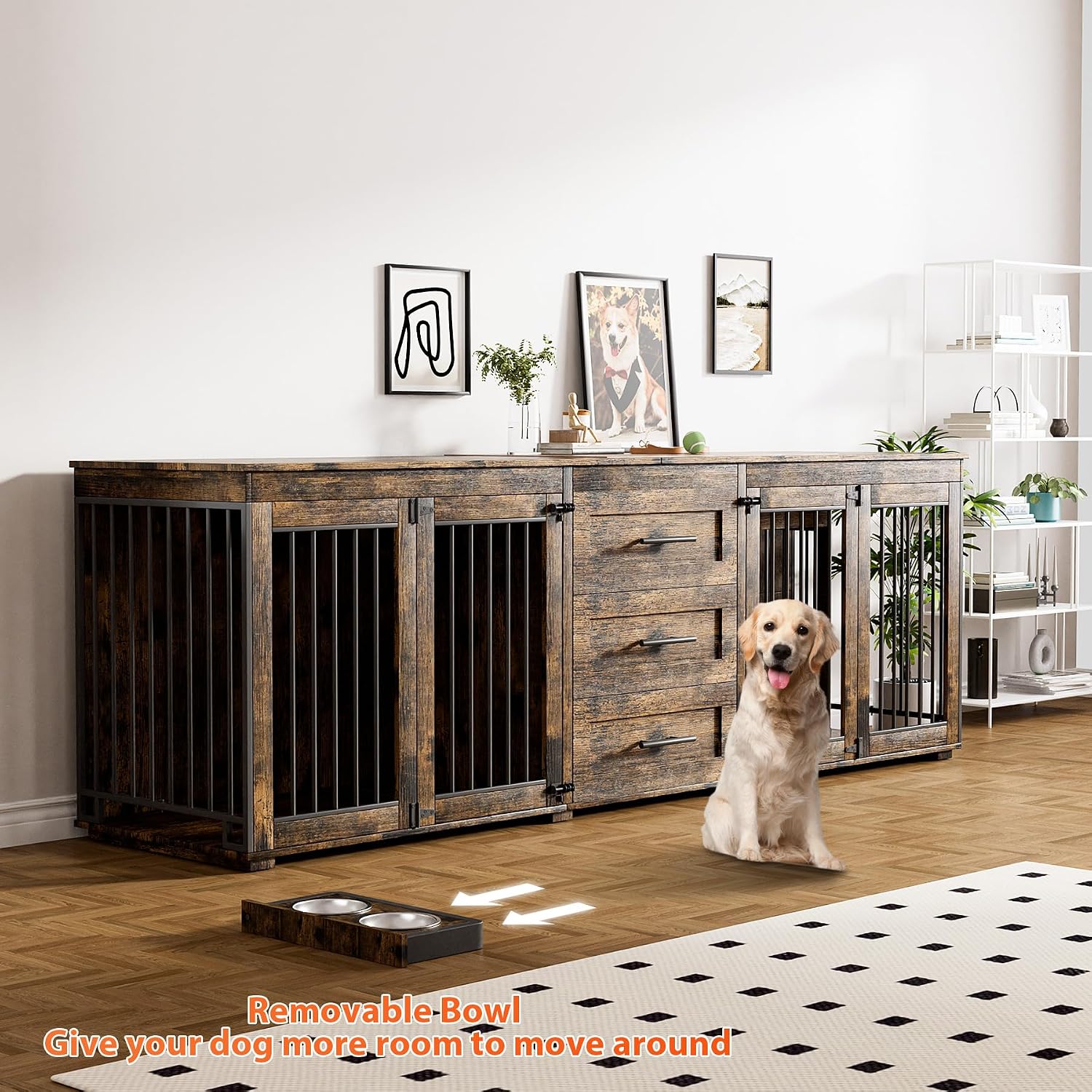 Rophefx 94.5' Dog Crate Furniture for 2 Dogs, Large Dog Kennel Furniture with 3 Storage Drawer, Wooden Dog Cage with 4 Bowls, Indoor Dog House TV Stand with Locks for Large Medium Dog, Rustic Brown