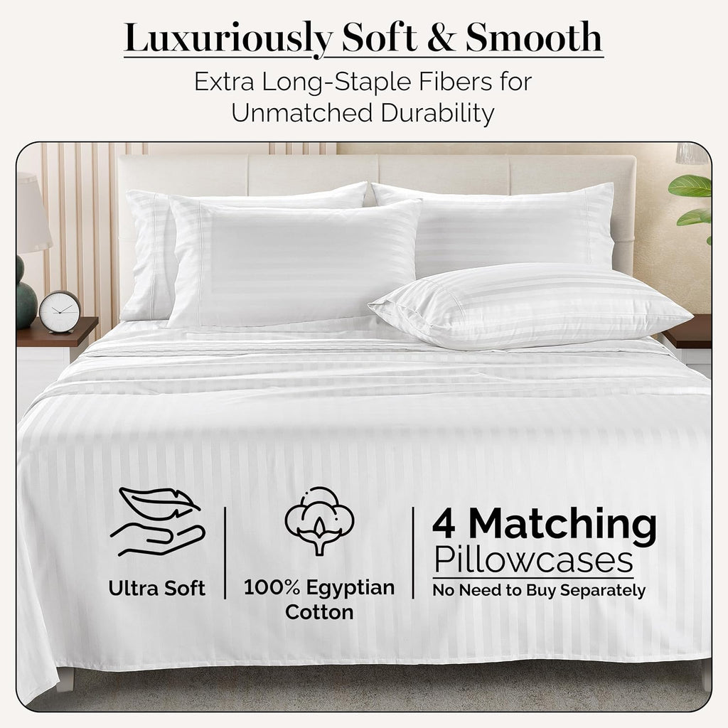 Casa Platino 100% Egyptian Cotton Sheets California King Size Set - 6 Pieces - Damask Stripe- Smooth Sateen Weave Bed Sheets, 15' Deep Pocket - Pure White Sheet Set