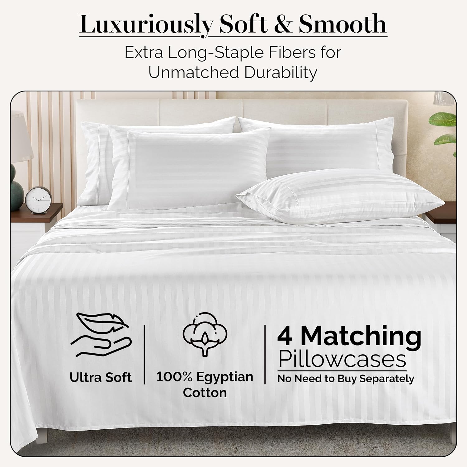 Casa Platino 100% Egyptian Cotton Sheets California King Size Set - 6 Pieces - Damask Stripe- Smooth Sateen Weave Bed Sheets, 15' Deep Pocket - Pure White Sheet Set