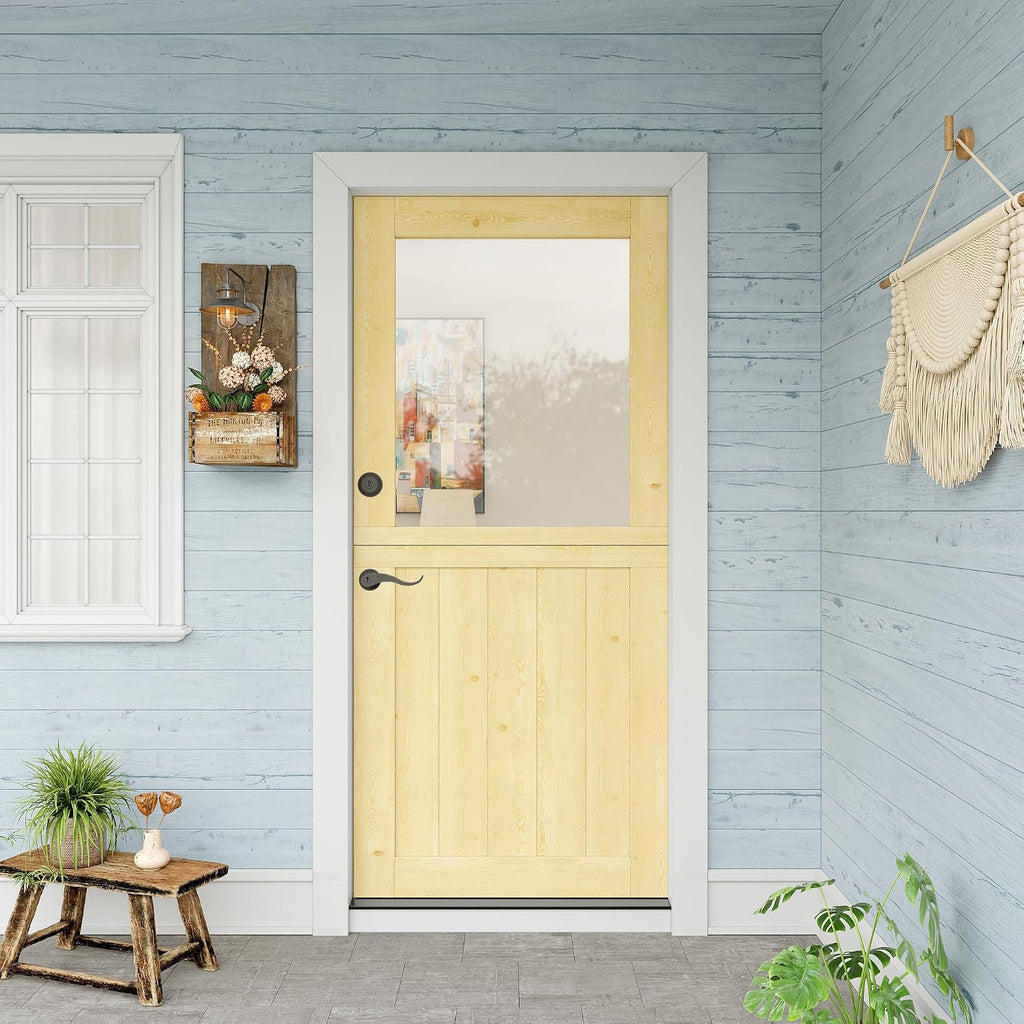 36' x 80' Exterior Dutch Entry Door (Front/Outside) - 1.75' Solid Pine with 1-Lite Glass, Half Panel,Interior Doors Slab for Home Entryway/Back w/4 Hinges+1 Latch +1 Slab+1 Lock Set